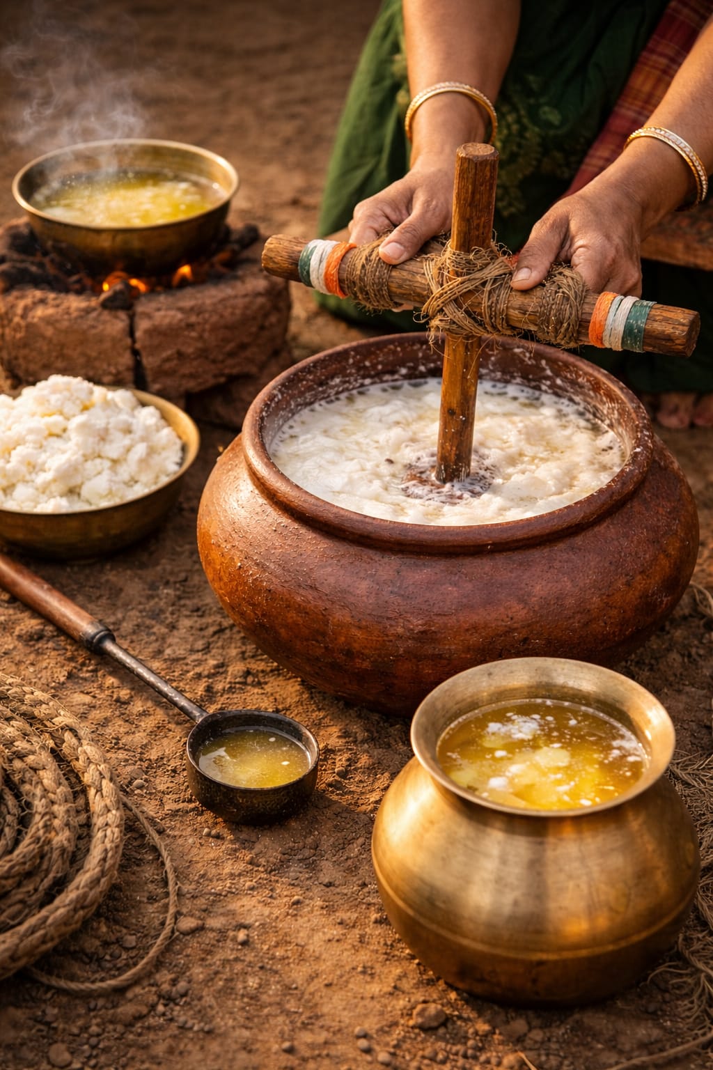Traditional Bilona hand-churning process