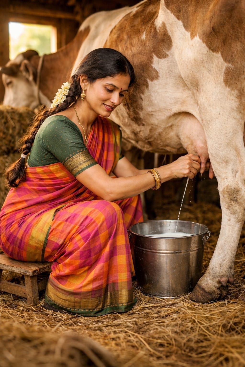Woman milking indigenous desi cow at Avyan Agro Farm
